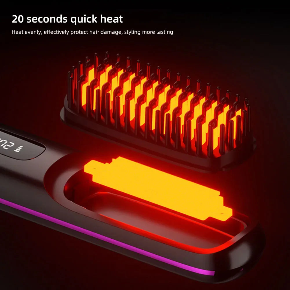 Peigne lissant céramique LCD, USB-C rechargeable, sans fil, 3 niveaux de température, ions négatifs