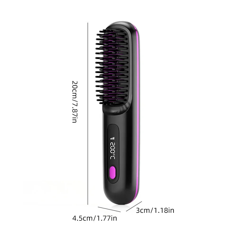 Peigne lissant céramique LCD, USB-C rechargeable, sans fil, 3 niveaux de température, ions négatifs