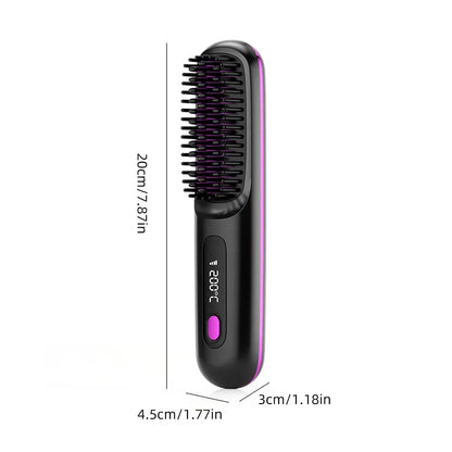 Peigne lissant céramique LCD, USB-C rechargeable, sans fil, 3 niveaux de température, ions négatifs