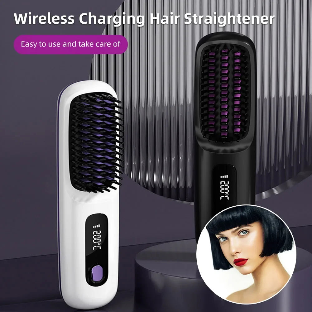 Peigne lissant céramique LCD, USB-C rechargeable, sans fil, 3 niveaux de température, ions négatifs