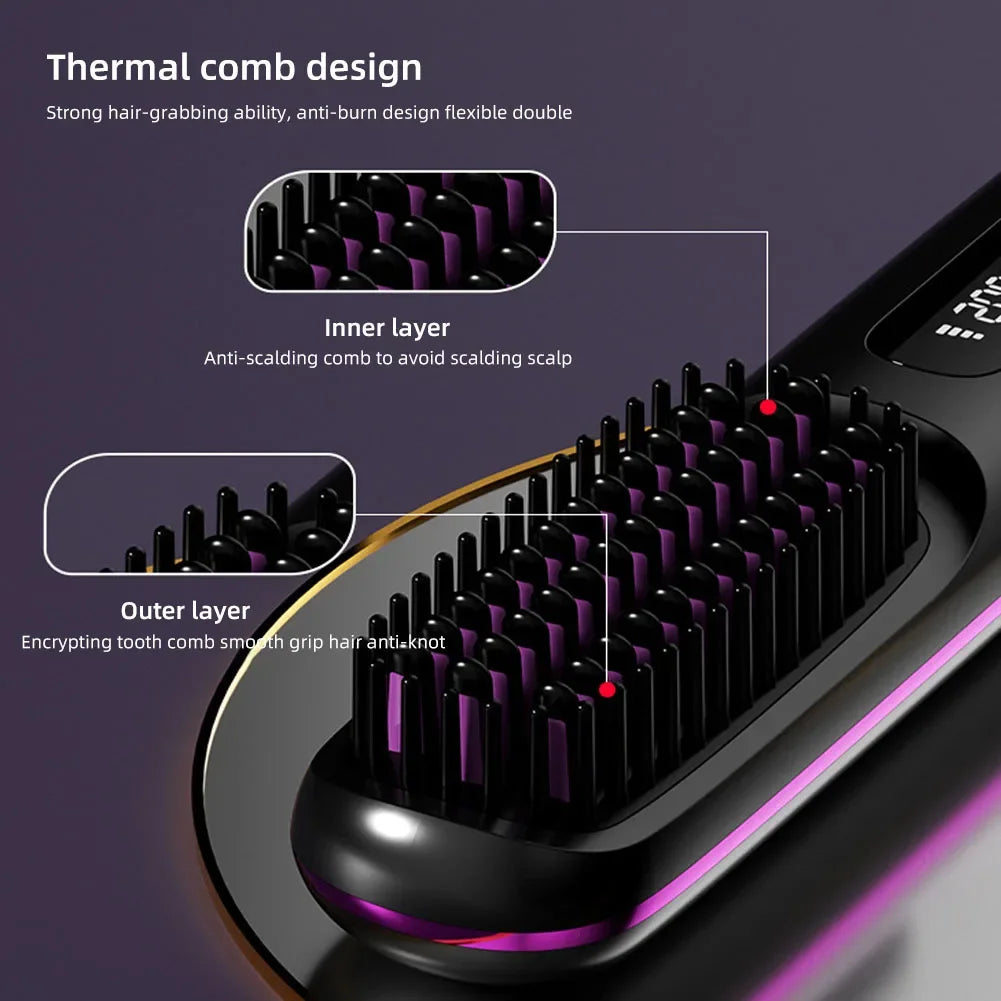Peigne lissant céramique LCD, USB-C rechargeable, sans fil, 3 niveaux de température, ions négatifs