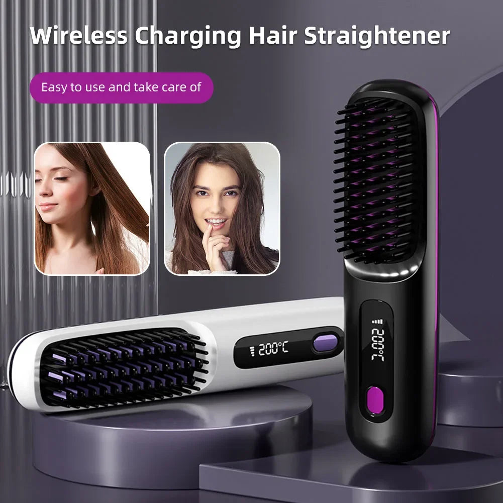 Peigne lissant céramique LCD, USB-C rechargeable, sans fil, 3 niveaux de température, ions négatifs
