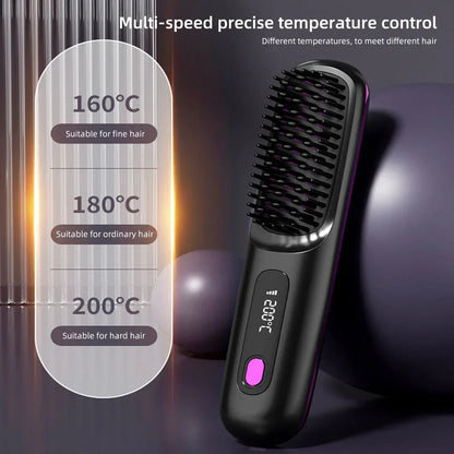 Peigne lissant céramique LCD, USB-C rechargeable, sans fil, 3 niveaux de température, ions négatifs