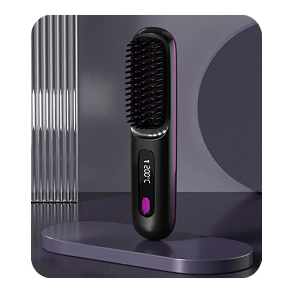 Peigne lissant céramique LCD, USB-C rechargeable, sans fil, 3 niveaux de température, ions négatifs