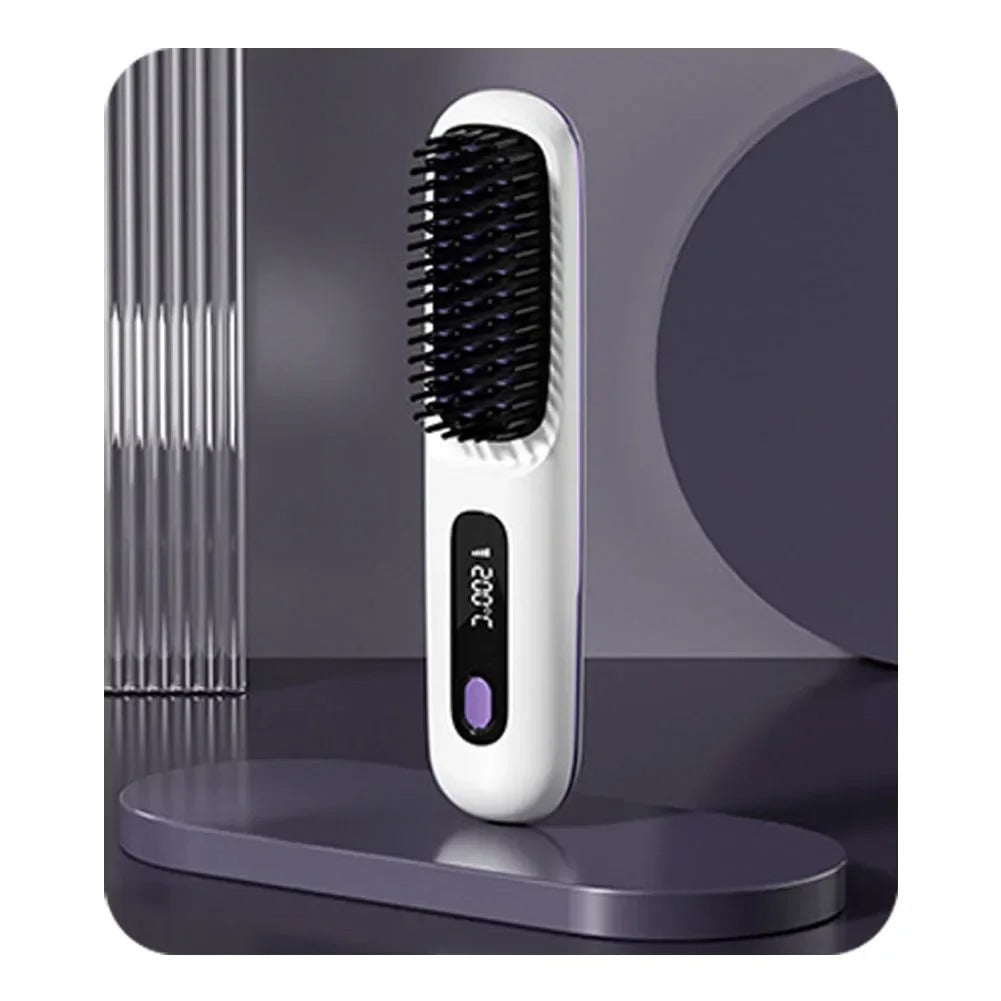 Peigne lissant céramique LCD, USB-C rechargeable, sans fil, 3 niveaux de température, ions négatifs