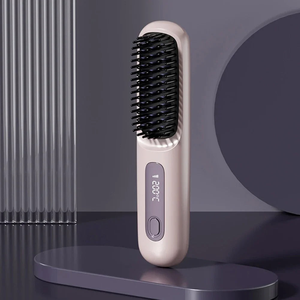 Peigne lissant céramique LCD, USB-C rechargeable, sans fil, 3 niveaux de température, ions négatifs