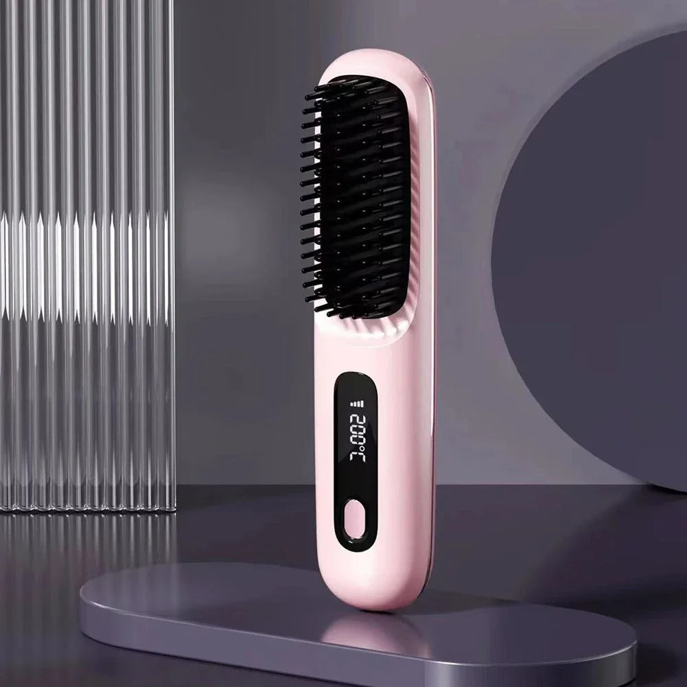 Peigne lissant céramique LCD, USB-C rechargeable, sans fil, 3 niveaux de température, ions négatifs